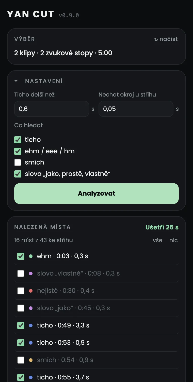 Yan Cut – nastavení