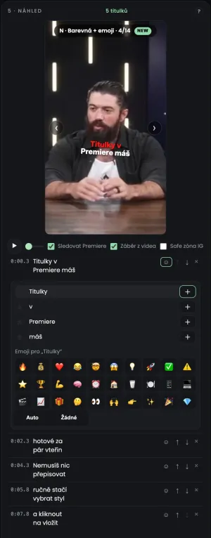 Panel Yan Captions: výběr emoji ke slovu
