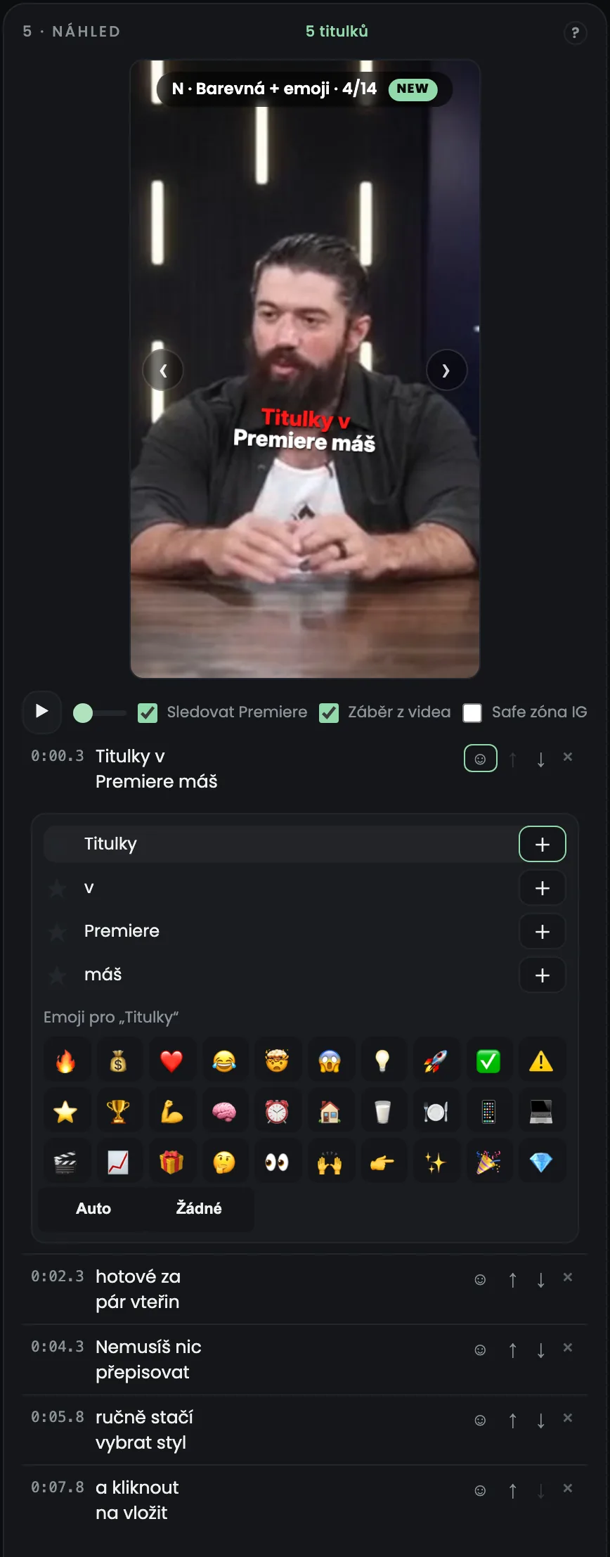 Panel Yan Captions 2.6: Emoji a zvýraznění u každého slova