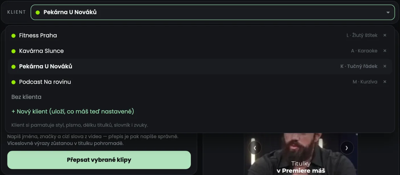 Panel Yan Captions 2.6: Uložené nastavení pro každého klienta