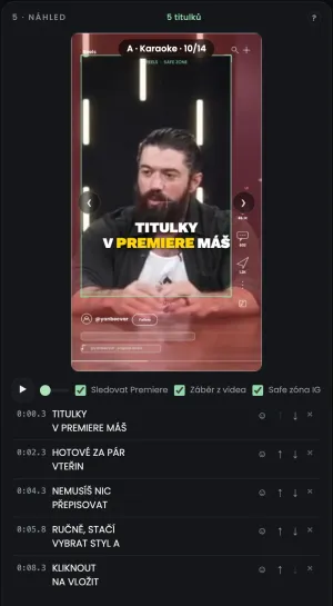 Panel Yan Captions: náhled a seznam titulků