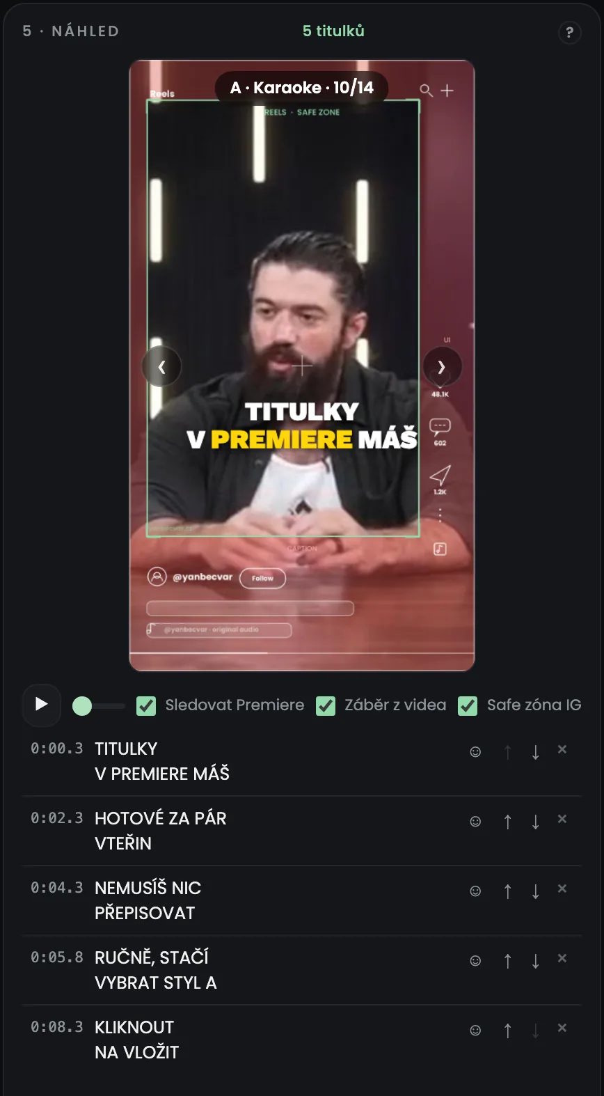 Panel Yan Captions 2.6: Náhled s tvým videem a safe zónou Instagramu