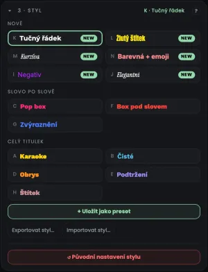 Panel Yan Captions: výběr ze 14 stylů